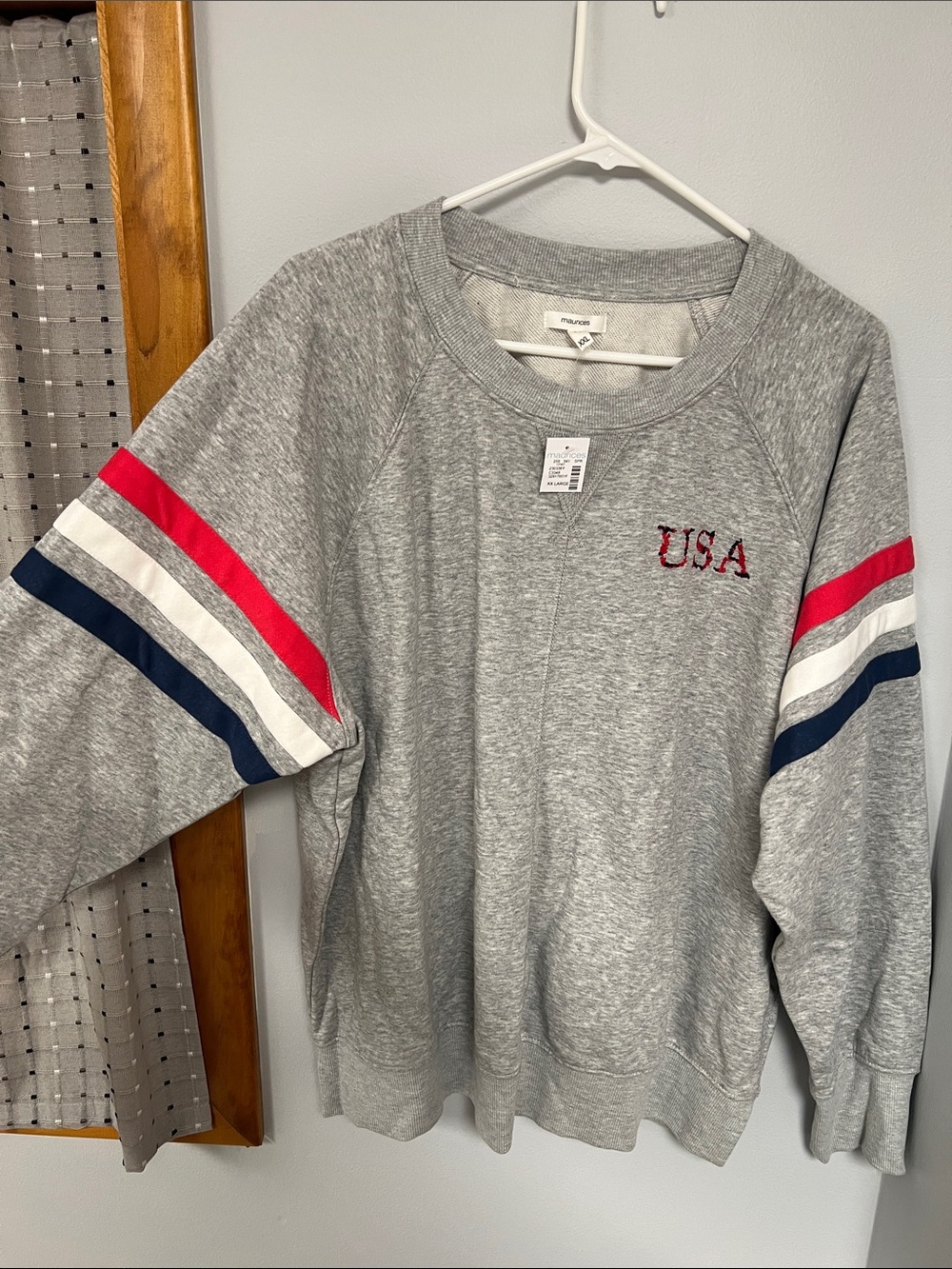 Maurices Gray Sweatshirt with Red, White & Navy Sleeve Stripes
